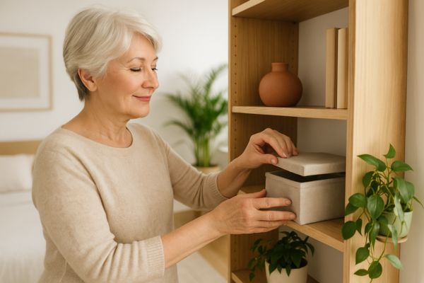 Pessoa madura relaxando em poltrona confortável dentro de microapartamento decorado com plantas e luz natural