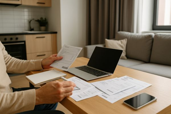 Pessoa revisando contas mensais e organizando documentos sobre a mesa em ambiente iluminado naturalmente