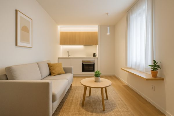 Sala compacta com iluminação LED e acabamento bem cuidado