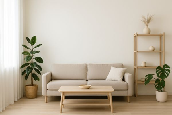 Sala arejada e organizada com poucos móveis e plantas naturais, transmitindo harmonia e serenidade