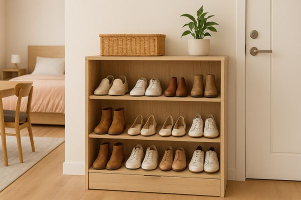Sapateira moderna aproveitando o espaço vertical em apartamento compacto