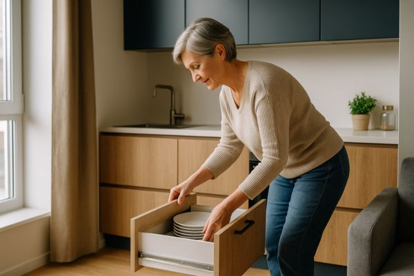 Senhora observando o ajuste de um armário planejado em microapartamento moderno
