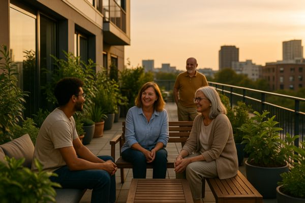 Terraço coletivo com plantas e moradores conversando ao entardecer