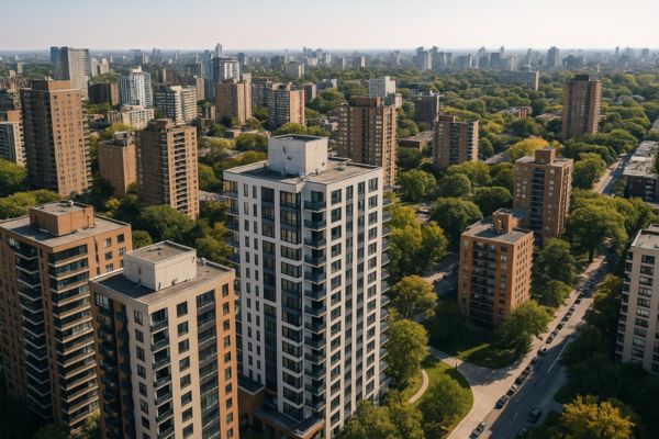 Vista aérea de área central com prédios modernos e microapartamentos