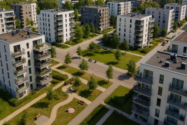 Vista aérea de bairro com prédios compactos e áreas de convivência Vista aérea de bairro urbano com edifícios compactos, áreas verdes e espaços coletivos