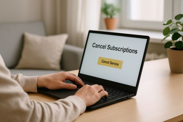 Pessoa de meia-idade usando notebook para cancelar serviços e assinaturas digitais em casa compacta