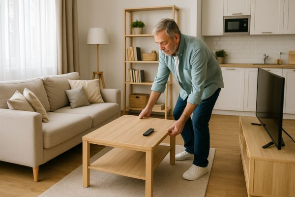 Adulto 50+ reorganizando a sala de um apartamento compacto para melhorar a circulação e a segurança