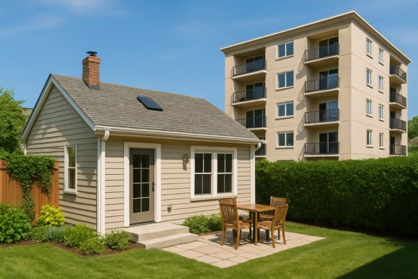 Casa compacta e apartamento compacto lado a lado em comparação visual