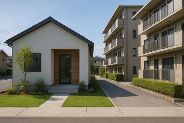 Área externa de casa compacta com pequeno jardim e espaço de convivência