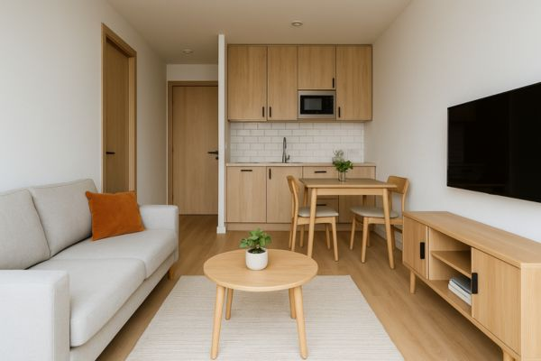 Interior de apartamento pequeno com sala e cozinha integradas em estilo funcional