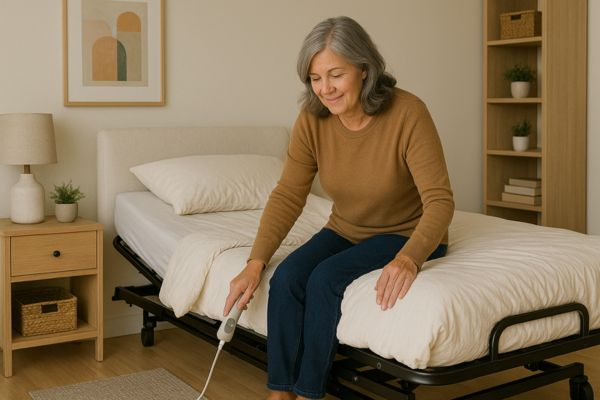 Mulher 50+ ajustando a altura da cama para facilitar levantar com segurança em ambiente organizado Mulher 50+ ajustando a altura da cama para facilitar levantar com segurança em ambiente organizado