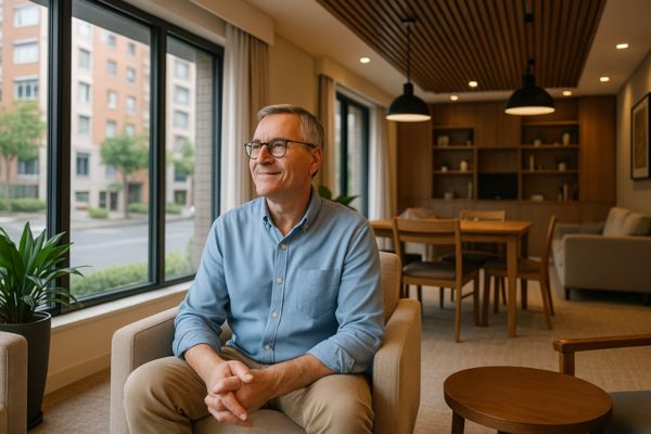 Pessoa de meia-idade aproveitando área comum de convivência em condomínio compacto e bem localizado Pessoa de meia-idade aproveitando área comum de convivência em condomínio compacto e bem localizado