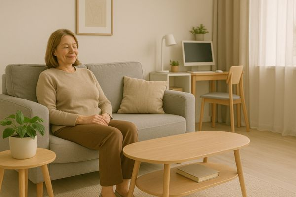 Pessoa de meia-idade sentada confortavelmente em sofá ergonômico em sala compacta bem planejada”