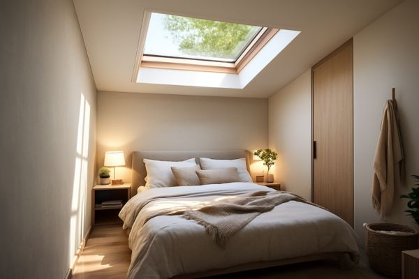 Quarto compacto e aconchegante iluminado por claraboia Quarto compacto e aconchegante iluminado por claraboia