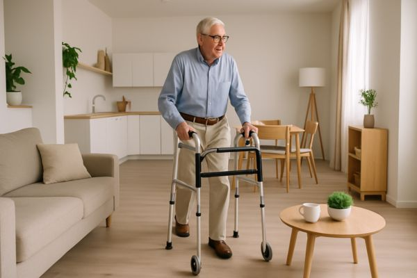 Sala compacta adaptada para mobilidade, com móveis funcionais e caminhos livres para circulação segura Sala compacta adaptada para mobilidade, com móveis funcionais e caminhos livres para circulação segura
