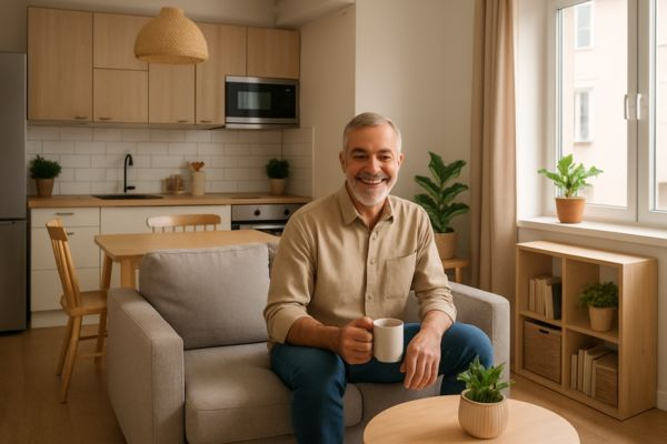 Sala compacta com móveis multifuncionais que otimizam o espaço no microapartamento