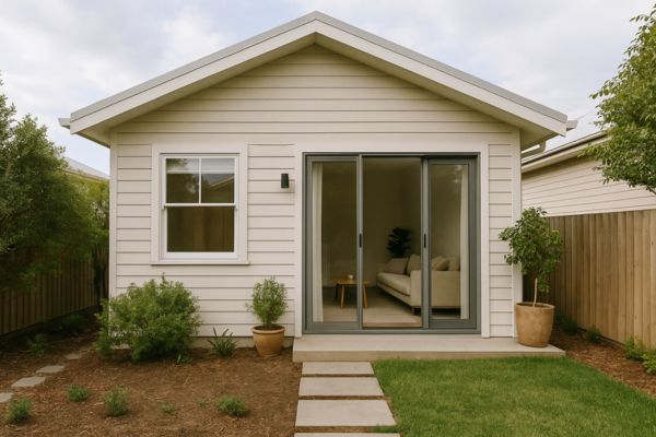 Vista externa de uma casa compacta moderna com jardim pequeno e fachada acolhedora