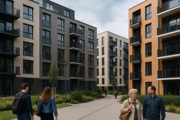 Fachada de prédios compactos com pessoas circulando em estilo urbano Fachada de prédios compactos urbanos com moradores caminhando em área agradável