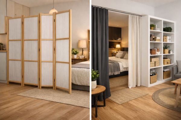 Biombo leve separando quarto e sala em studio compacto