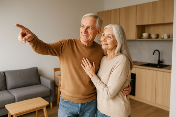 Casal 50+ explorando o conforto e a autonomia de um apartamento compacto moderno.