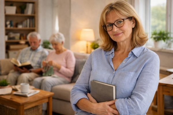 Convivência equilibrada entre adulto 50+ e pais idosos em casa compacta