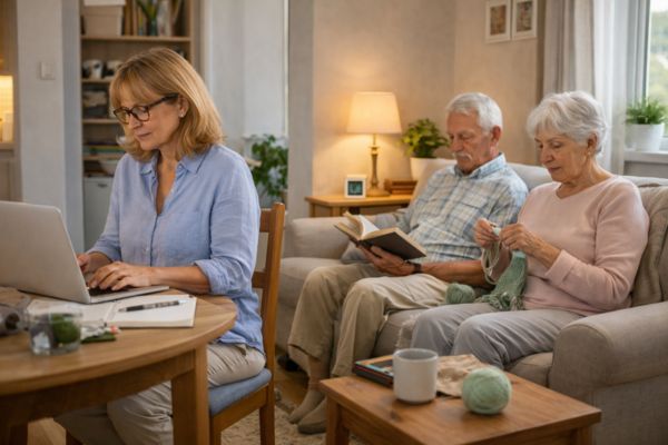 Convivência equilibrada entre adulto 50+ e pais idosos em casa compacta