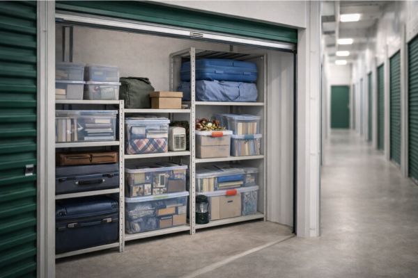 Espaço de armazenamento alugado organizado ao lado de um microapartamento