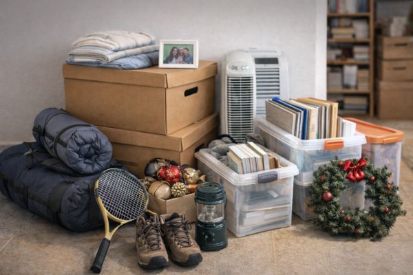 Caixas e malas organizadas em espaço externo para liberar espaço dentro do microapartamento