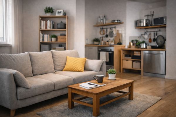 Microapartamento compacto com poucos objetos e ambiente organizado