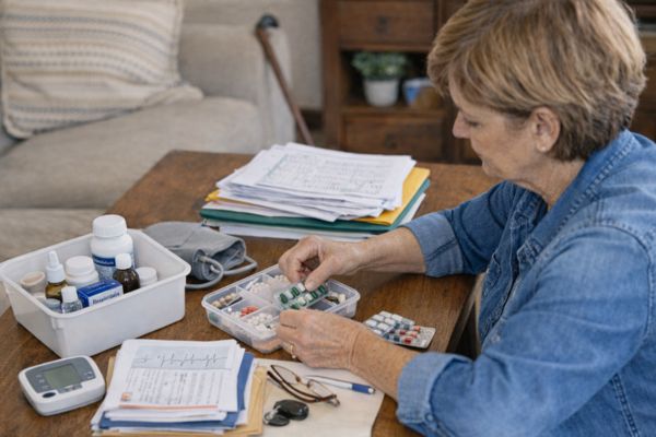 Organização simples de remédios e documentos usados na rotina de cuidado com os pais.