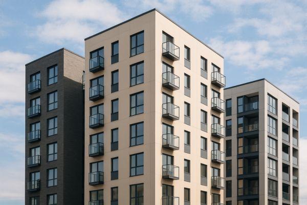 Prédios compactos modernos representando a alta nos preços de microapartamentos