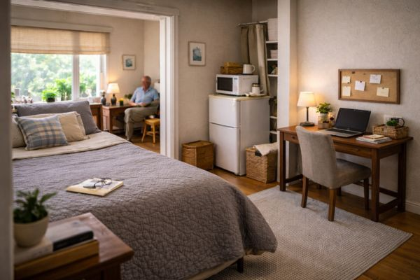 Quarto funcional criado para autonomia de pessoa 50+ em casa compartilhada