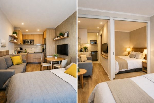 Studio e apartamento compacto lado a lado, mostrando diferenças de layout e divisão dos ambientes