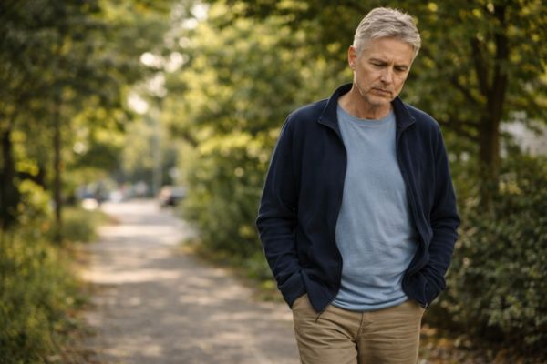 Adulto 50+ caminhando sozinho fora de casa em momento de pausa e reflexão