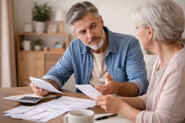 Adulto 50+ conversando com familiar sobre despesas e decisões financeiras