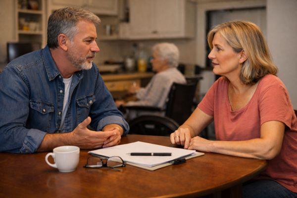 Adulto 50+ conversando com familiar sobre divisão de cuidados em casa