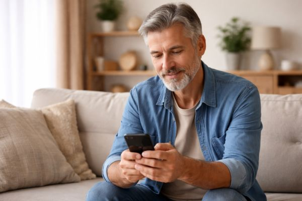 Adulto 50+ olhando mensagens no celular em ambiente doméstico tranquilo