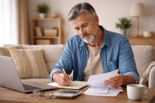 Adulto 50+ organizando contas e despesas em mesa de casa, em ambiente tranquilo