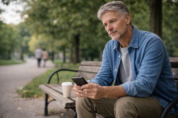 Adulto 50+ sentado sozinho em banco de praça em pausa silenciosa