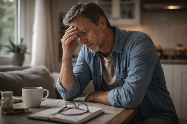 Adulto cuidador em momento de cansaço e introspecção em ambiente doméstico
