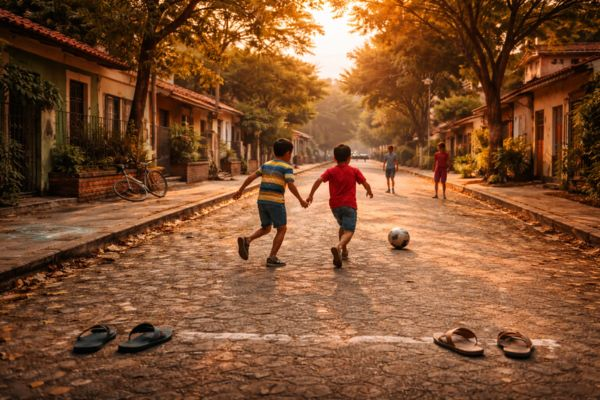Crianças jogando futebol na rua