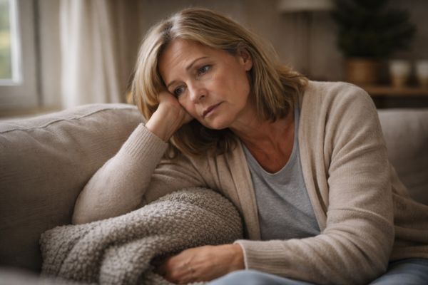 Mulher adulta com expressão de cansaço e introspecção, sentada em ambiente doméstico, transmitindo necessidade de cuidado e acolhimento