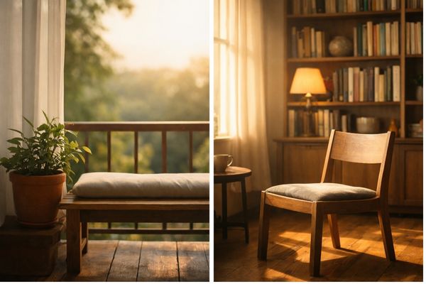 Espaço silencioso em luz natural no fim da tarde