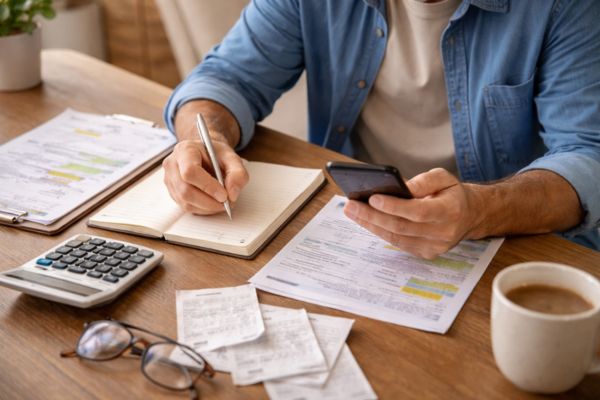 Pessoa adulta revisando gastos domésticos e de cuidado em caderno ou celular