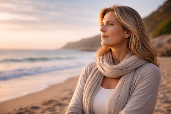 Mulher refletido sobre vida simples e felicidade