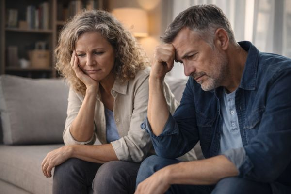 Casal 50+ em momento de reflexão em casa, representando dúvidas e mudanças na vida adulta