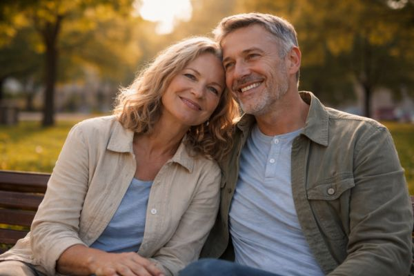 Casal 50+ em momento de tranquilidade e conexão em parque ao entardecer