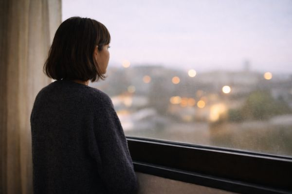 Mulher olhando a cidade pela janela em luz suave