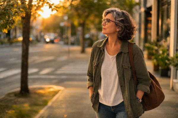 Pessoa 50+ caminhando em ambiente urbano ao entardecer, em momento de reflexão sobre novos caminhos