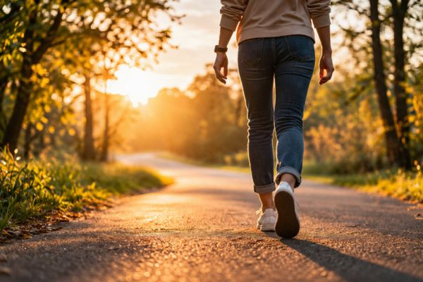 Pessoa caminhando em direção à luz ao entardecer, simbolizando decisão e mudança
